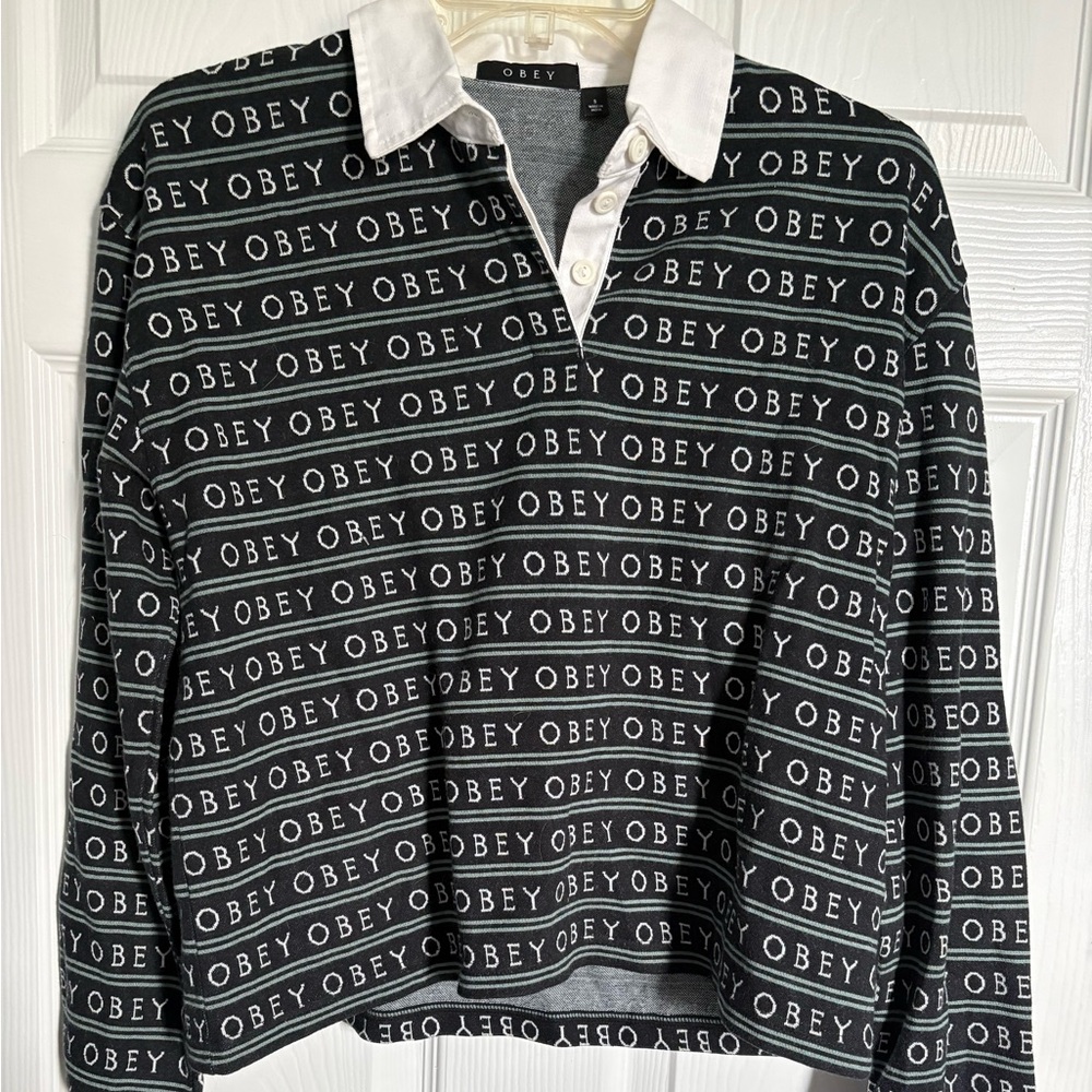 Obey Black & White Repeating Logo Rugby Pullover